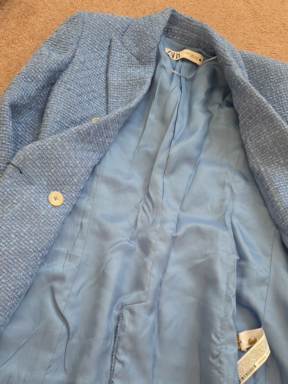 Zara Blue Double Breasted Textured Blazer with Gold Buttons